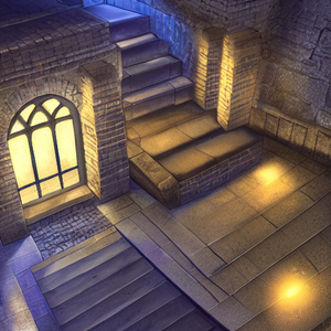 Stairs down to an underground bar, namely Rainbow in the Moon. AI generated