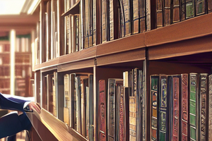 A picture of the library at Cedar Crest showcasing a bookshelf of rustic looking leather bound books. AI generated